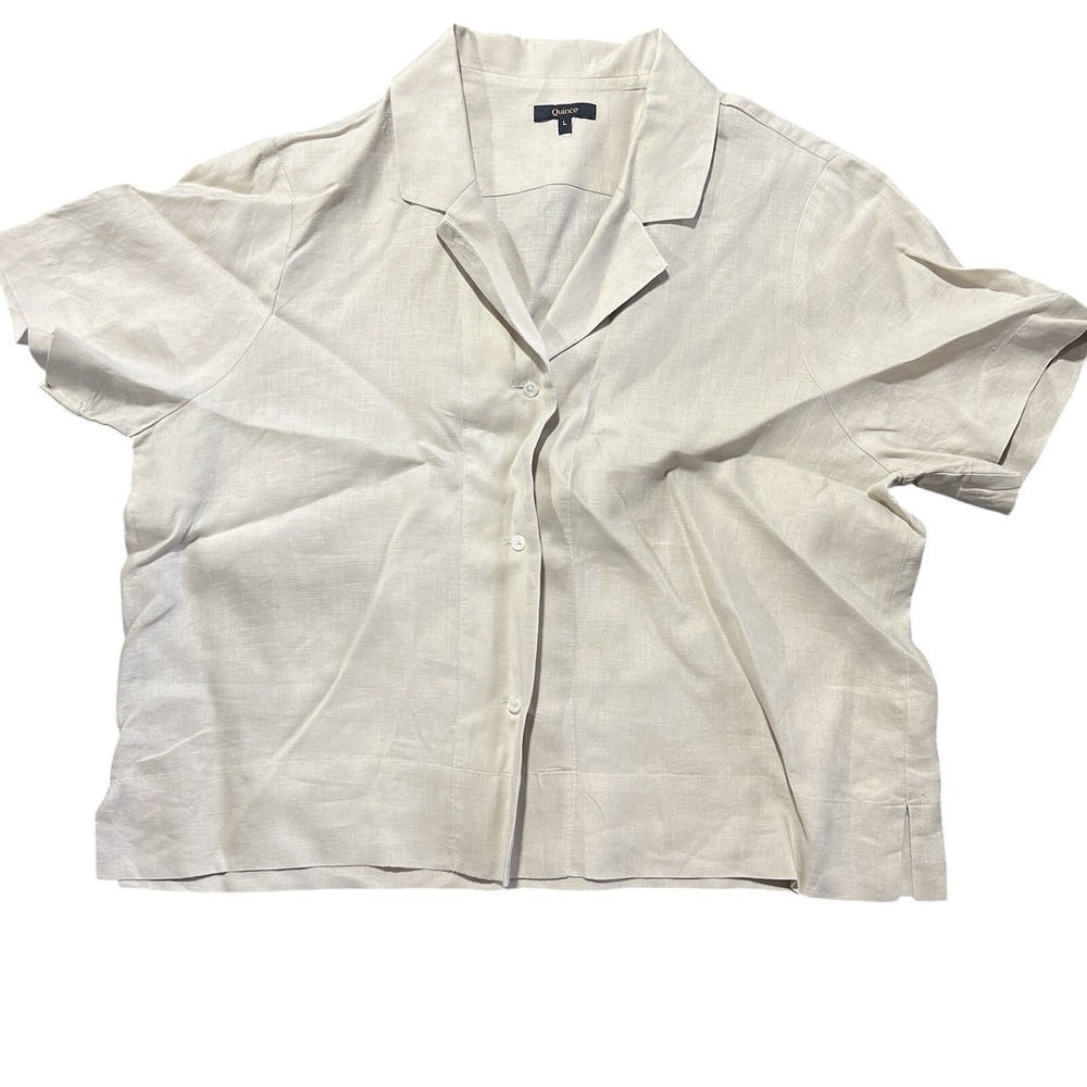 Quince Women's European‎ Linen Short Sleeve Shirt Top Large Beige Tan Button Up